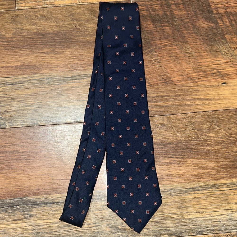 Christian Dior Navy Blue Men's Tie with Red Medallion Pattern